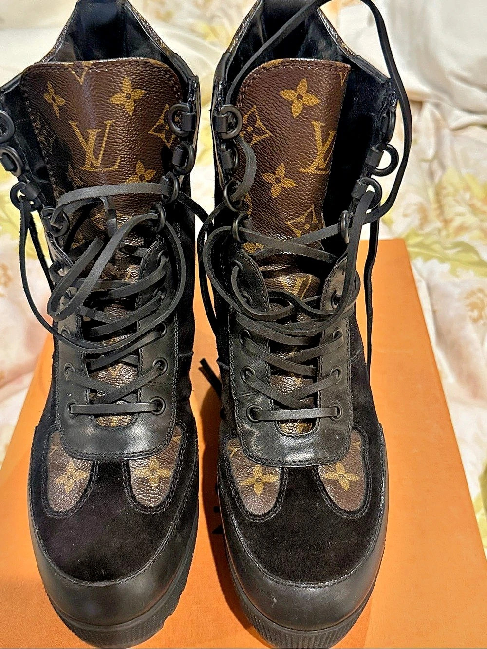 Louis Vuitton Monogram Canvas and Suede Lace-Up Boot Boots